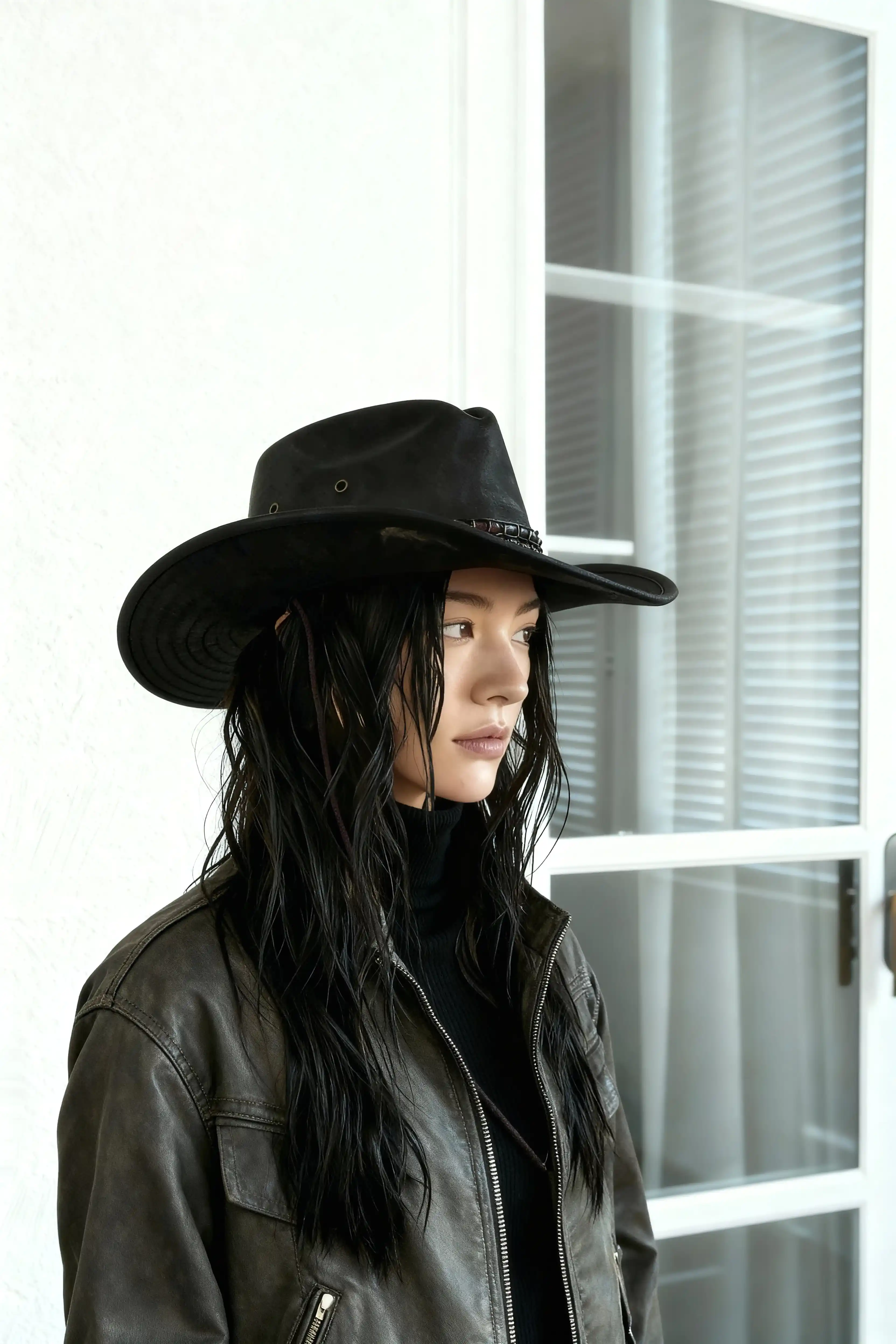 Modern minimalist portrait with black fedora hat and leather jacket generated with Gemini AI prompts showing clean editorial style