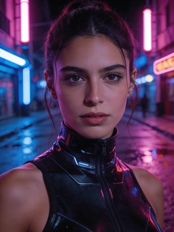 Cyberpunk neon street portrait generated with Gemini AI prompts showing futuristic night lighting