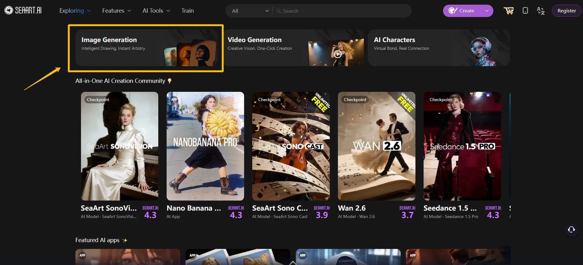 SeaArt AI image generation interface showing model selection menu for creating girl photos