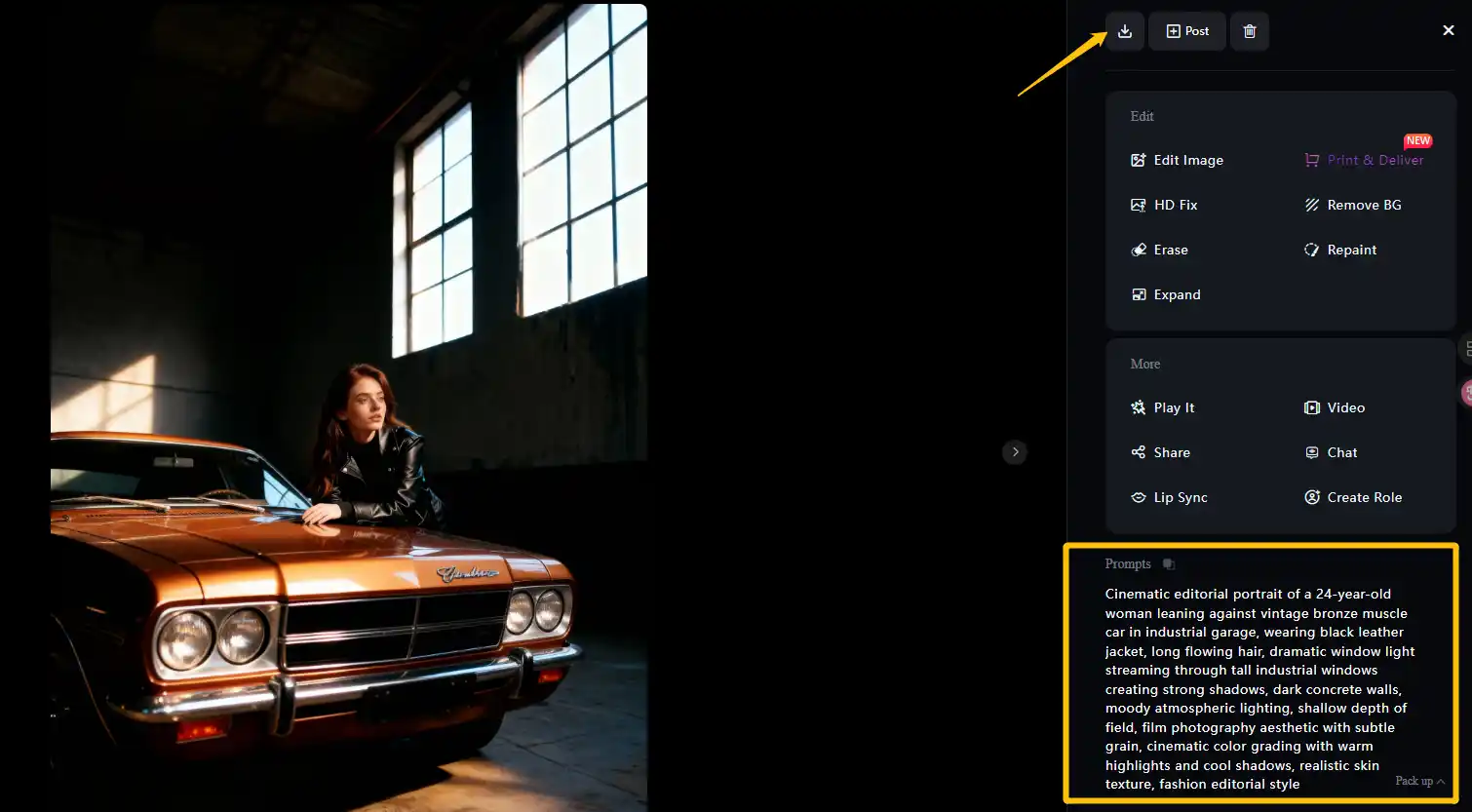 Generated AI girl photo in SeaArt AI interface with download button and editing options