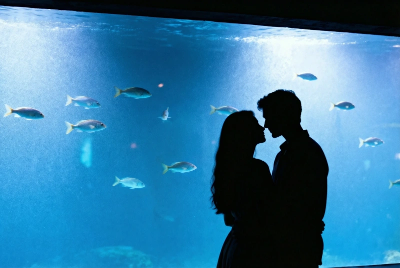水族館デート：水槽越しのシルエット