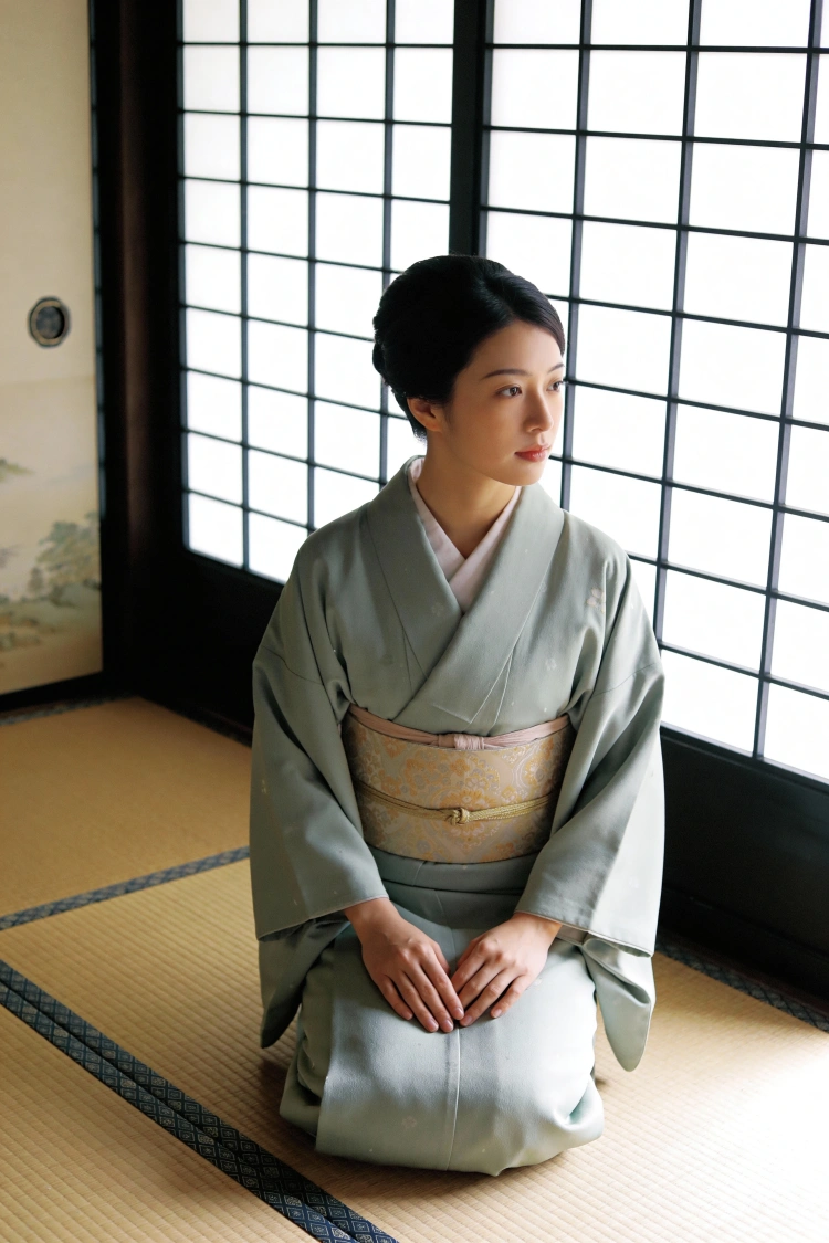 茶室に佇む和装美人