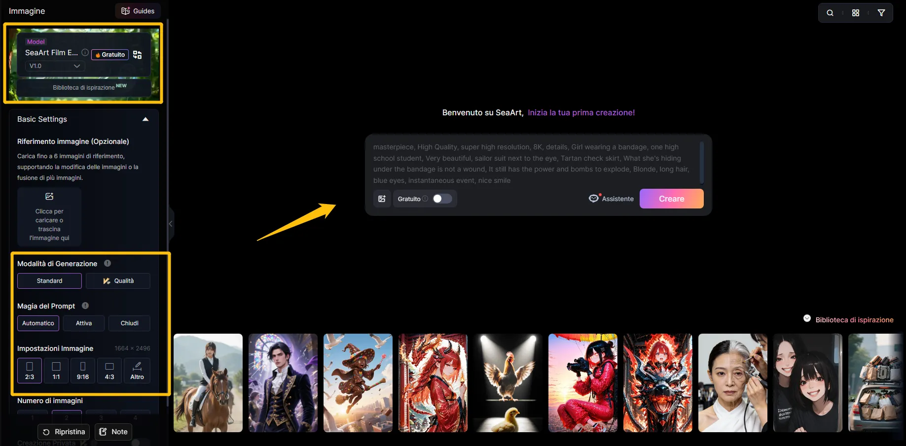 Interfaccia di SeaArt AI per generare immagini con i prompt di Grok Imagine