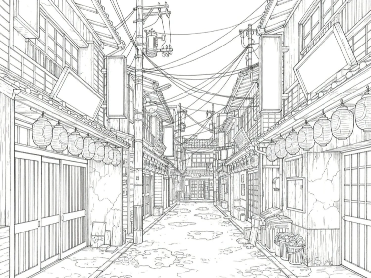 下町の商店街・路地裏背景 マンガ用線画