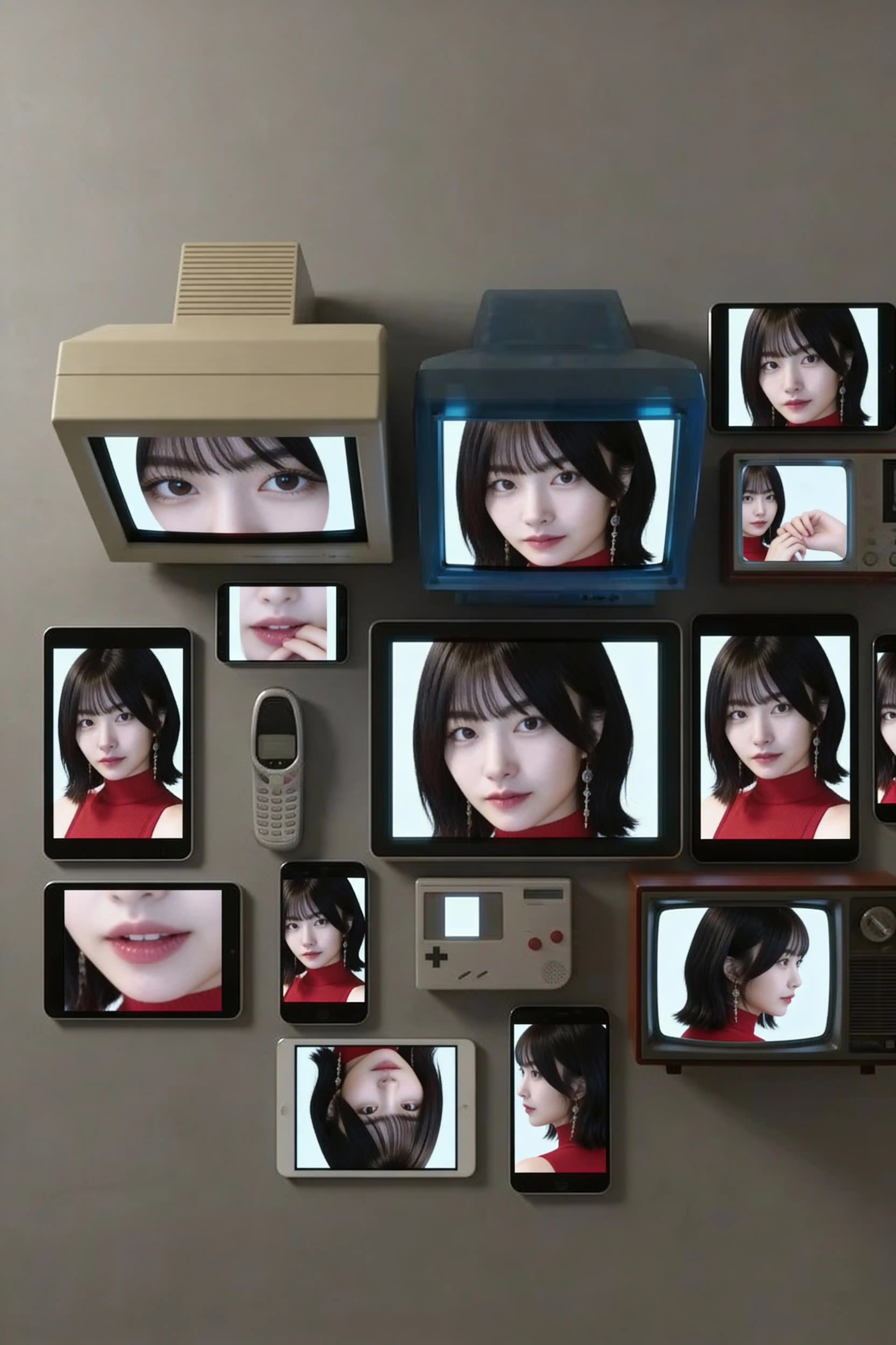 Top-down view of vintage and modern devices showing cropped face sections forming one coherent portrait