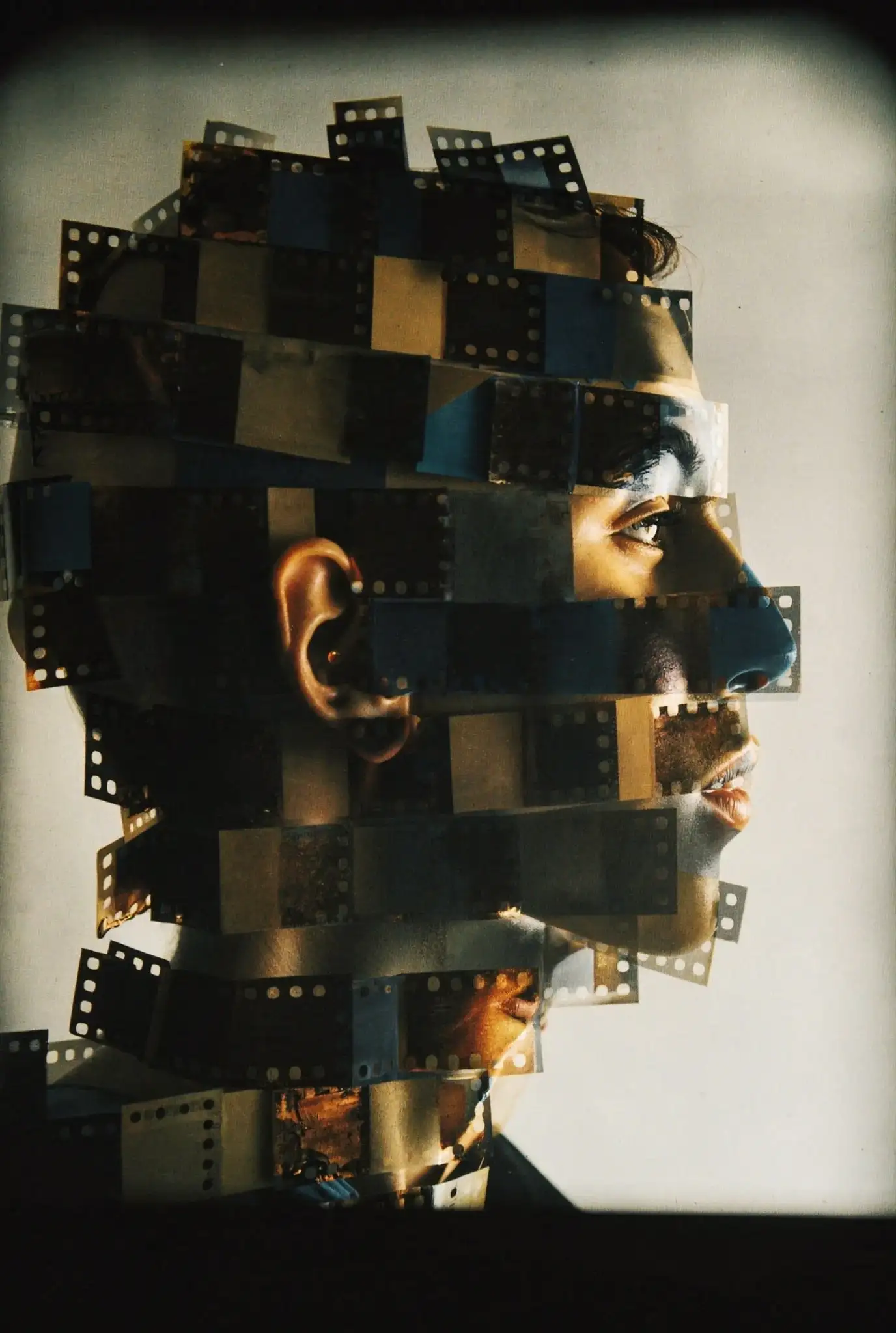Analog collage portrait made from overlapping 35mm film negatives with contact sheets and sprocket holes