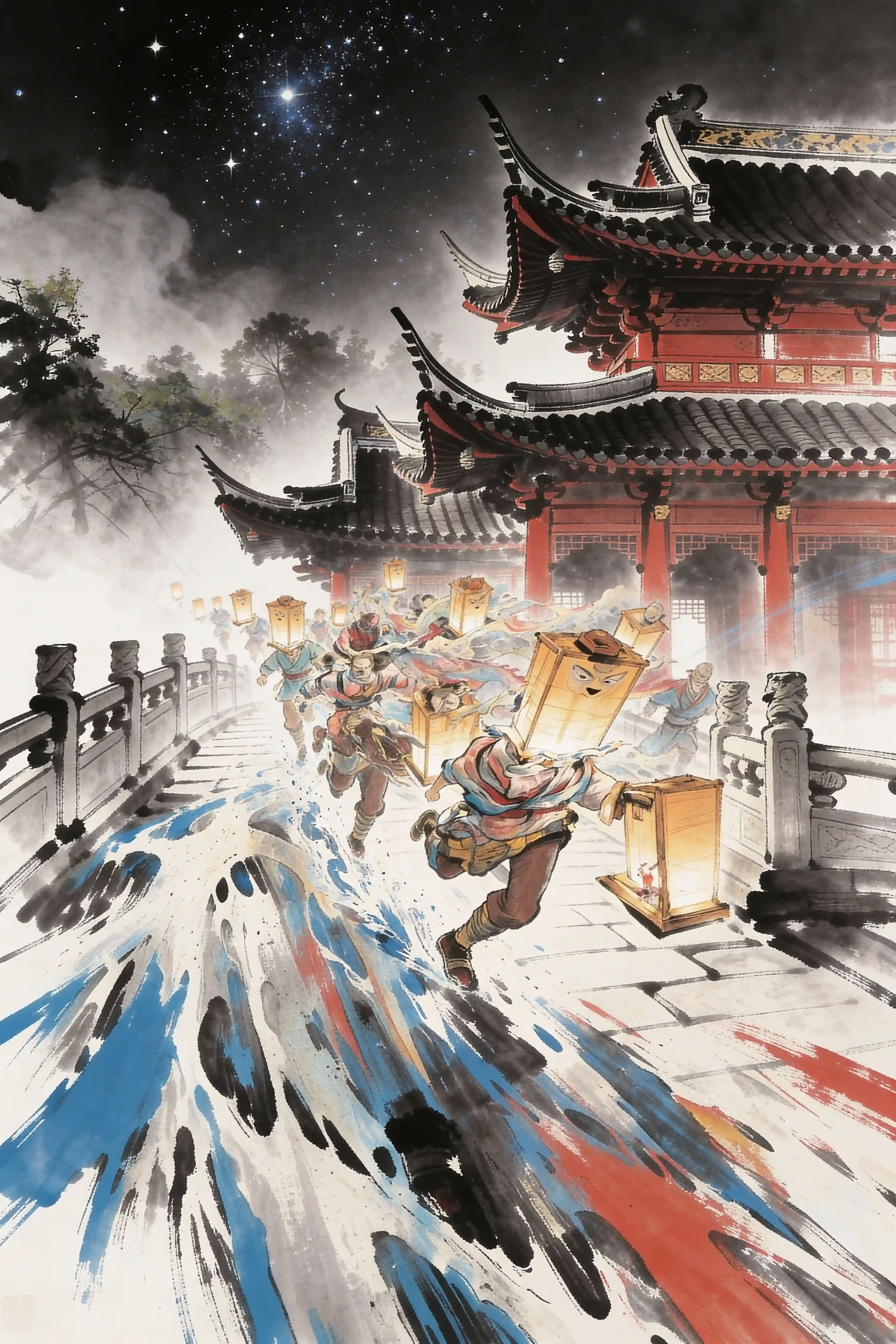 Chinese ink-wash illustration of runners with glowing lanterns at night temple with explosive brushstrokes