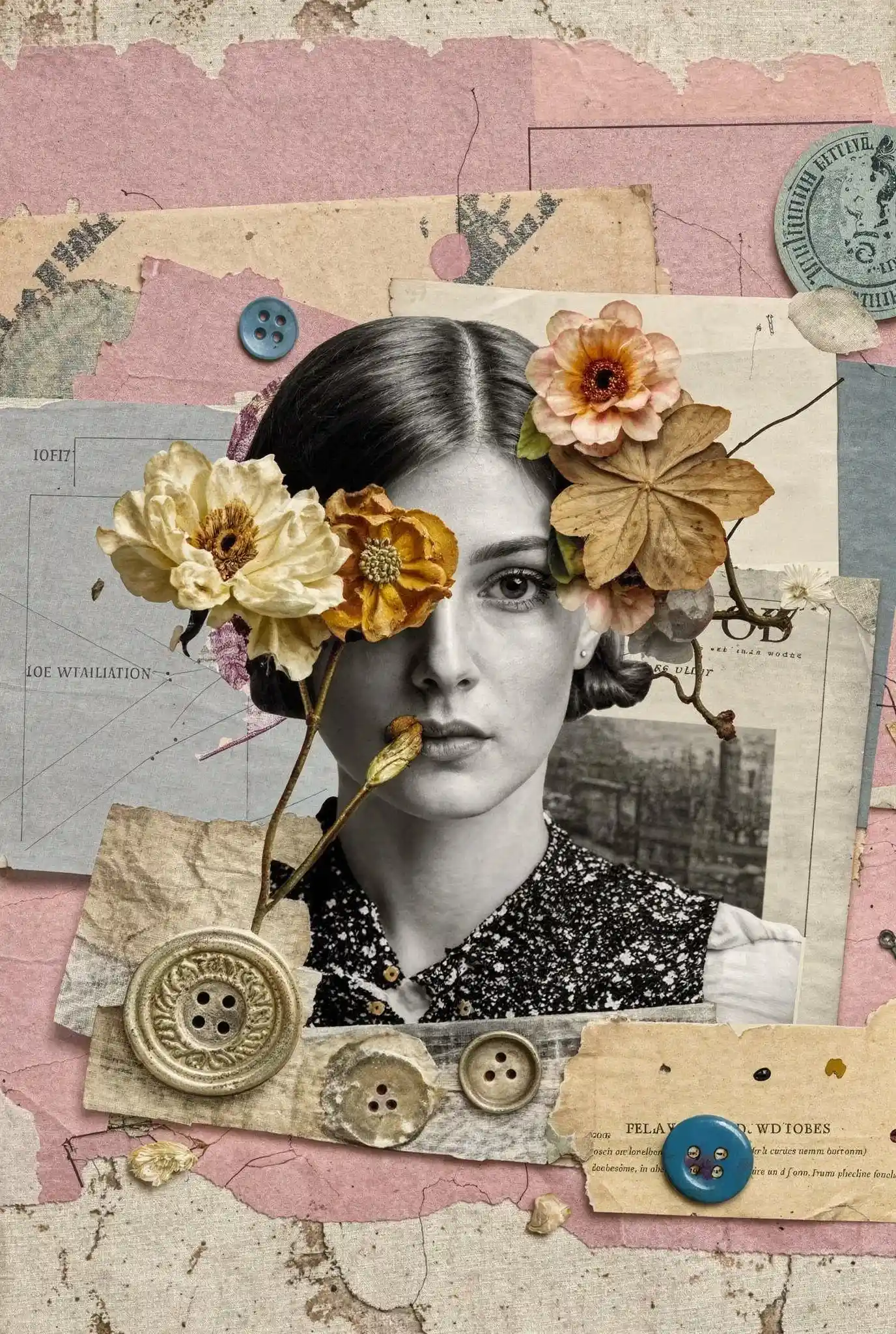 Mixed media collage with vintage portrait, layered torn newspapers, dried flowers, brass buttons on aged paper