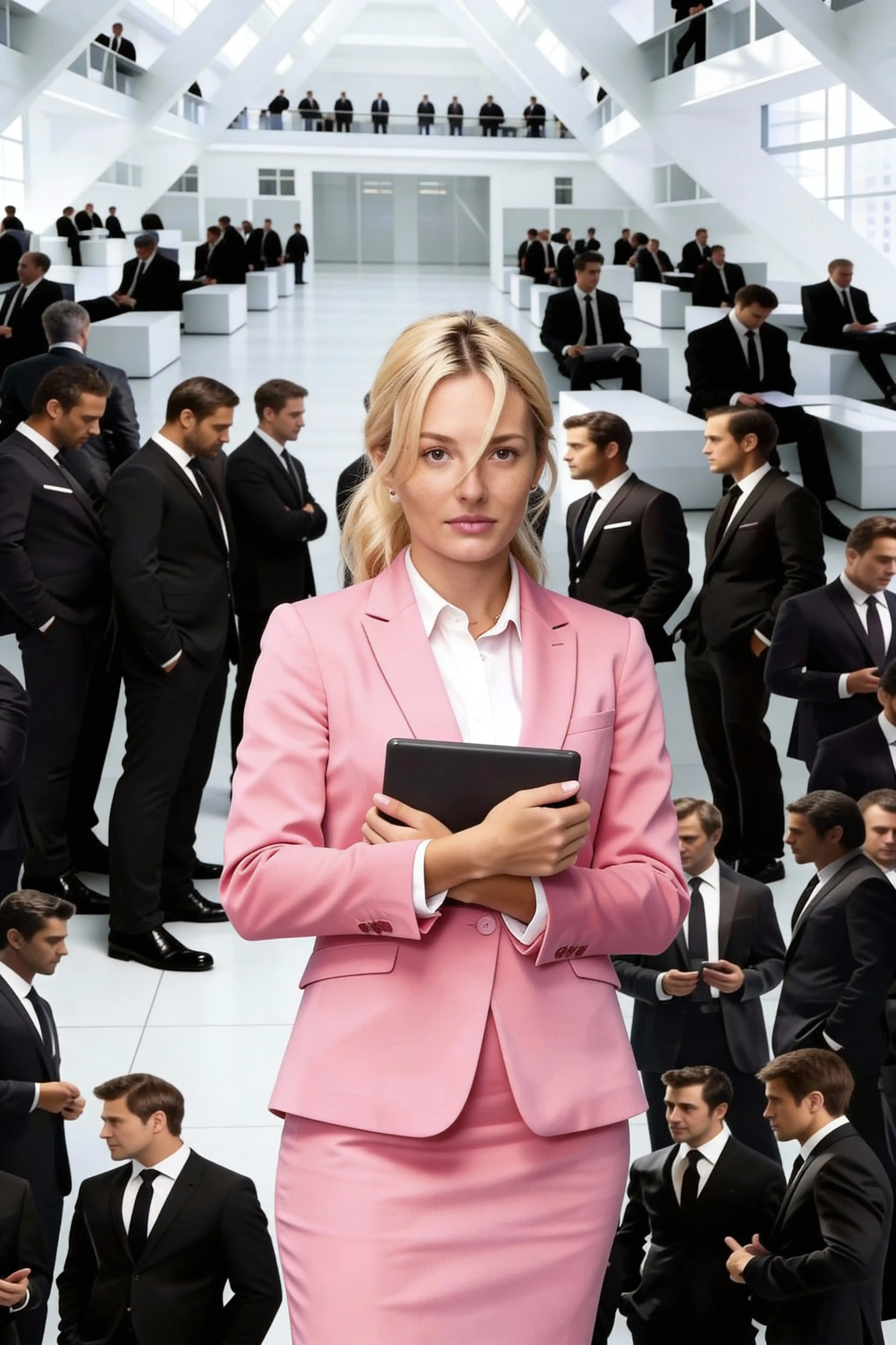 Corporate atrium with woman in pink suit holding tablet surrounded by men in black suits at white desks