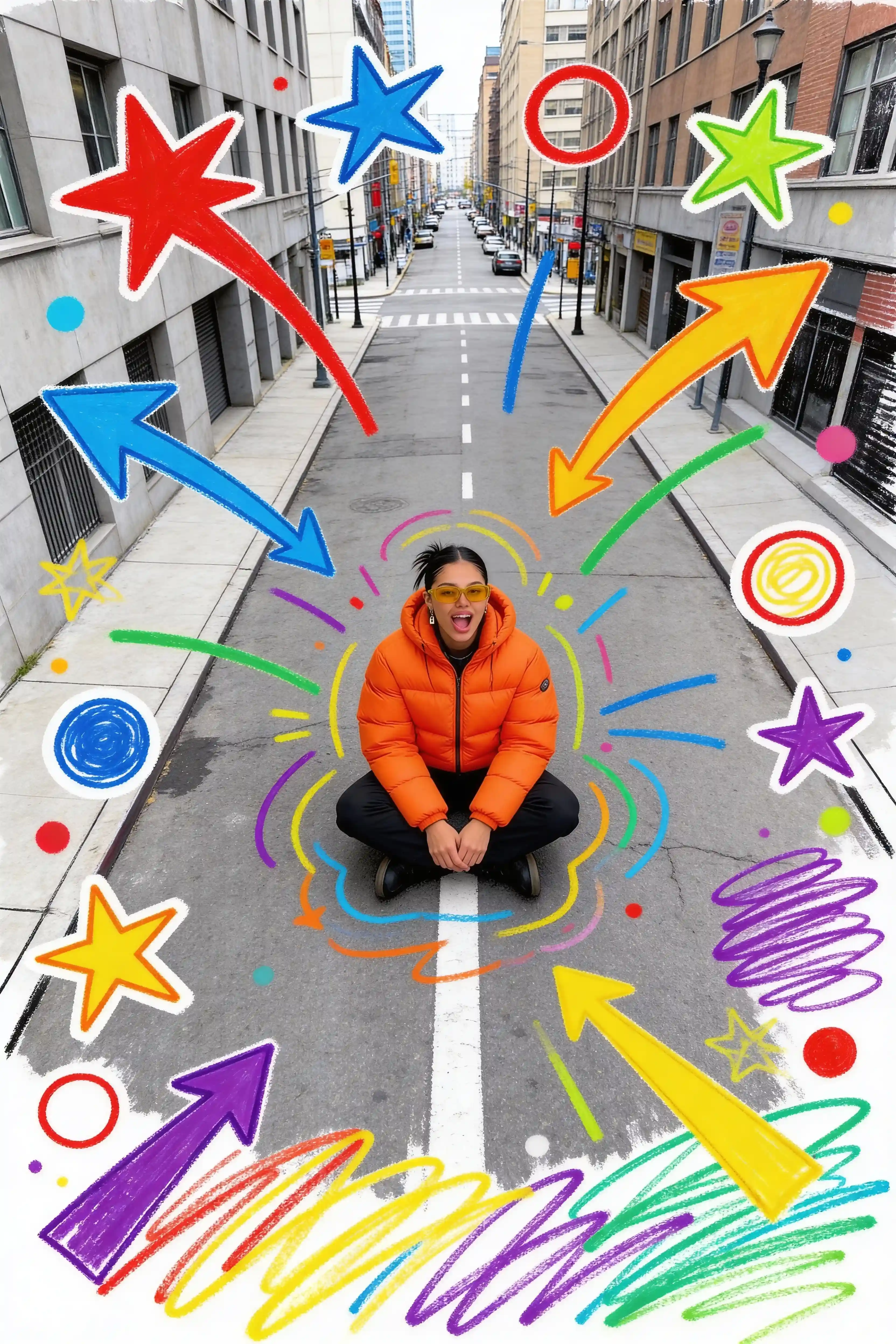 Person in orange puffer jacket on city road with colorful hand-drawn marker doodles and white glow halo