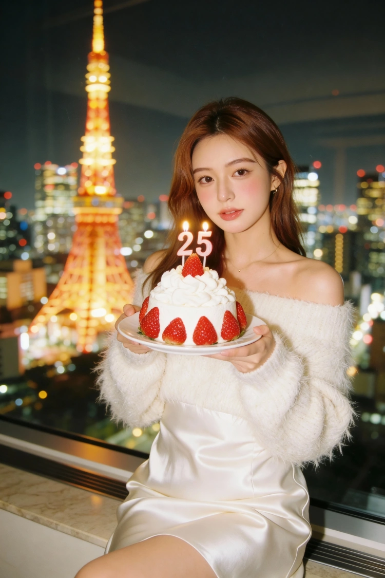 東京の夜景と苺のショートケーキ