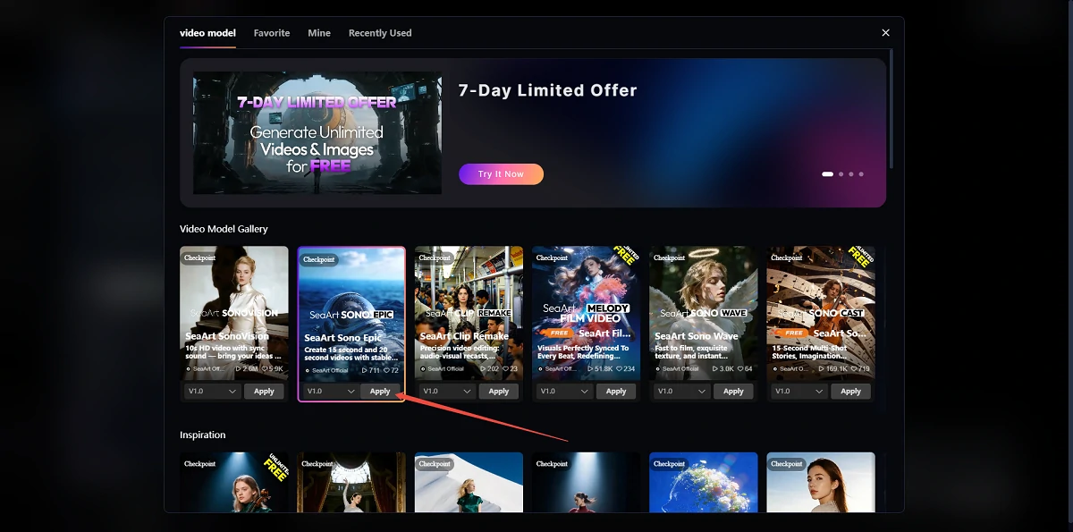 Choose SeaArt Sono Epic Model