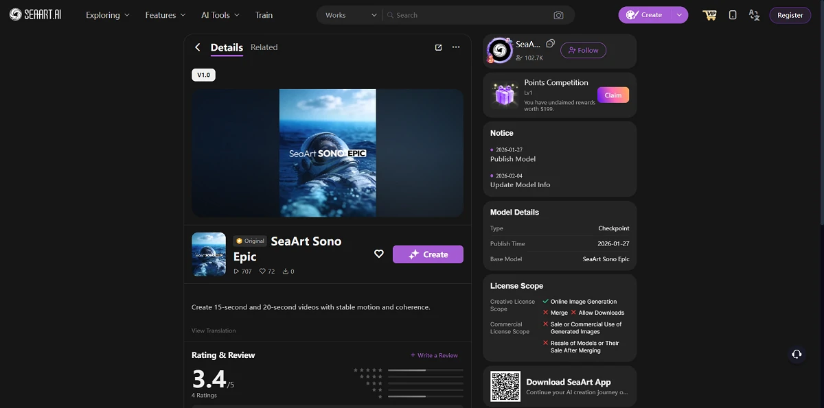 SeaArt Sono Epic AI Model Page