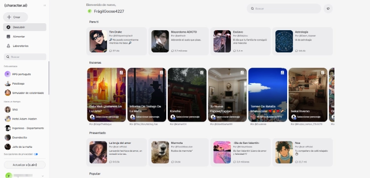 Página de inicio de Character AI