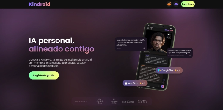 Página de inicio de Kindroid AI