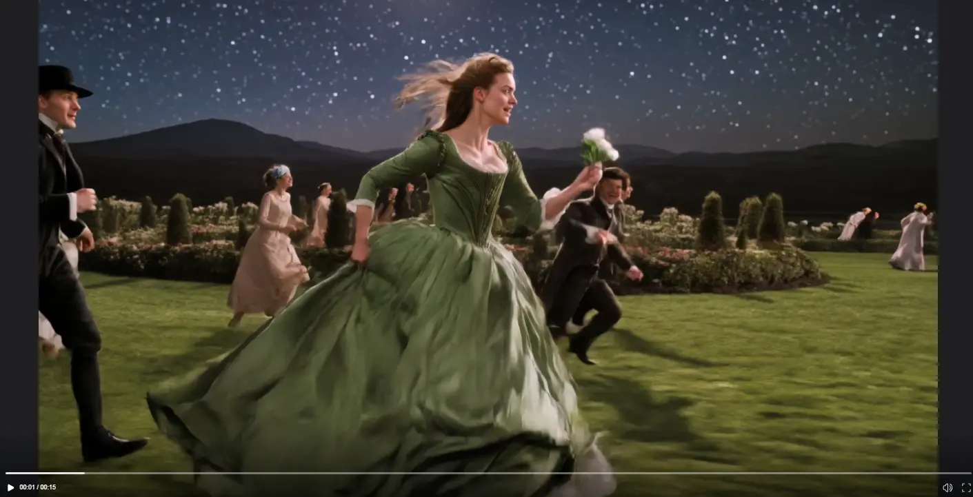 Kling 3.0 15-second cinematic shot of woman in green dress running through night field with horizontal tracking camera movement