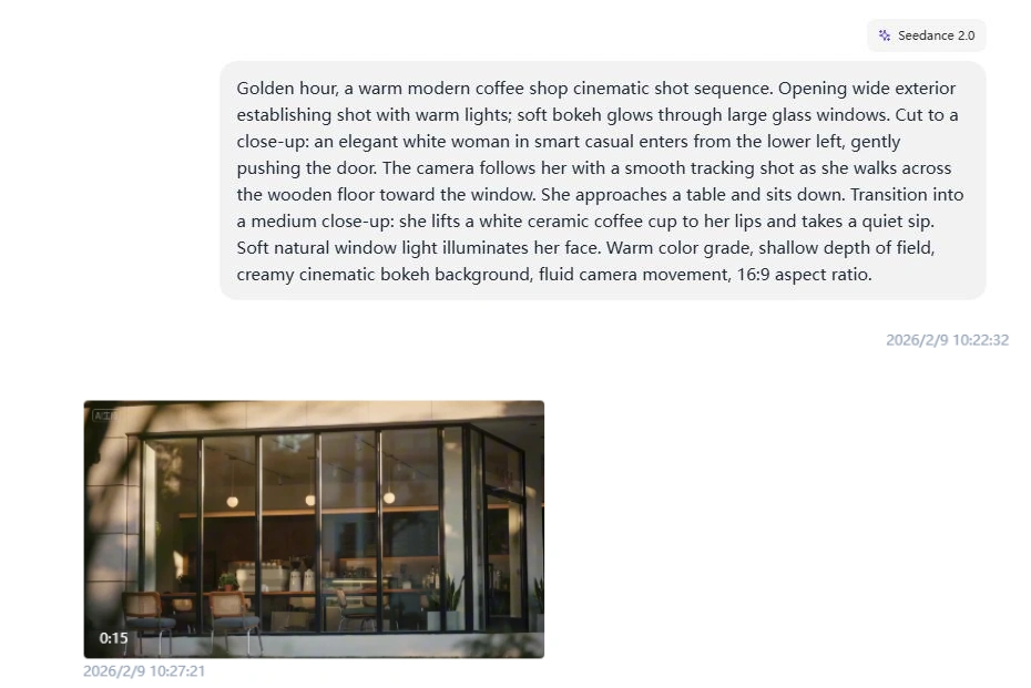 Seedance 2.0 cinematic coffee shop scene generated from text prompt with golden hour lighting and tracking shot