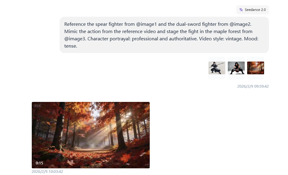 Seedance 2.0 fight scene generation using @reference system with spear and dual-sword character images in maple forest