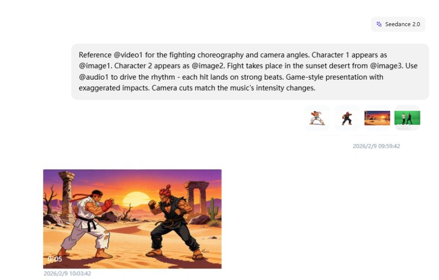 Seedance 2.0 generated fighting scene with pixel art characters in sunset desert - audio-synced choreography test