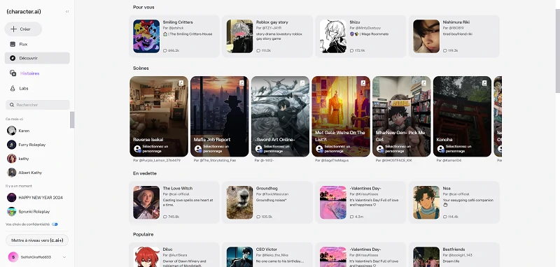 Page d’accueil de Character AI