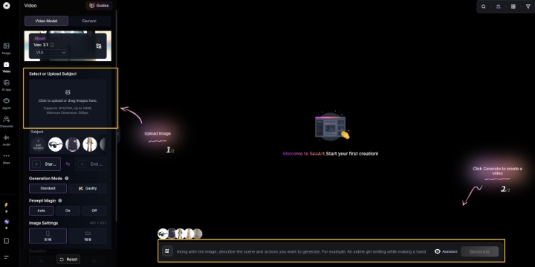 SeaArt Workflow Editing Page with Veo 3.1 model