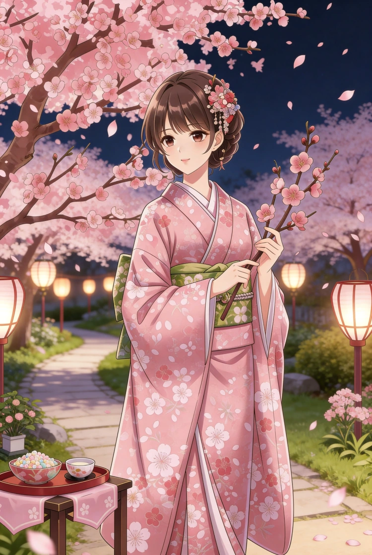 桃の花と着物少女・春の訪れ