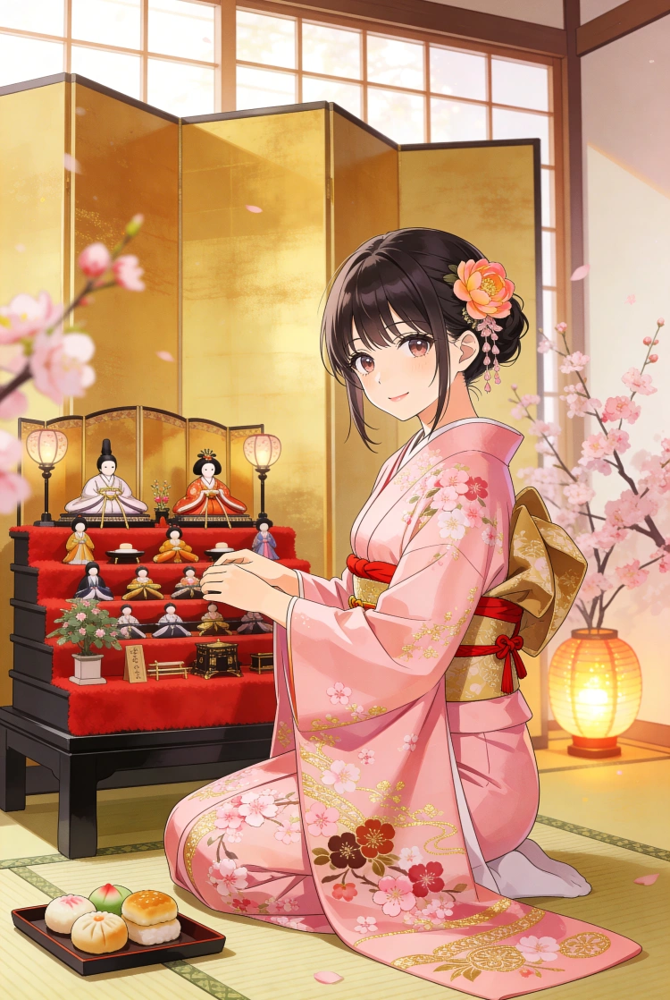 雛壇の前でお祝い・桃の節句の少女