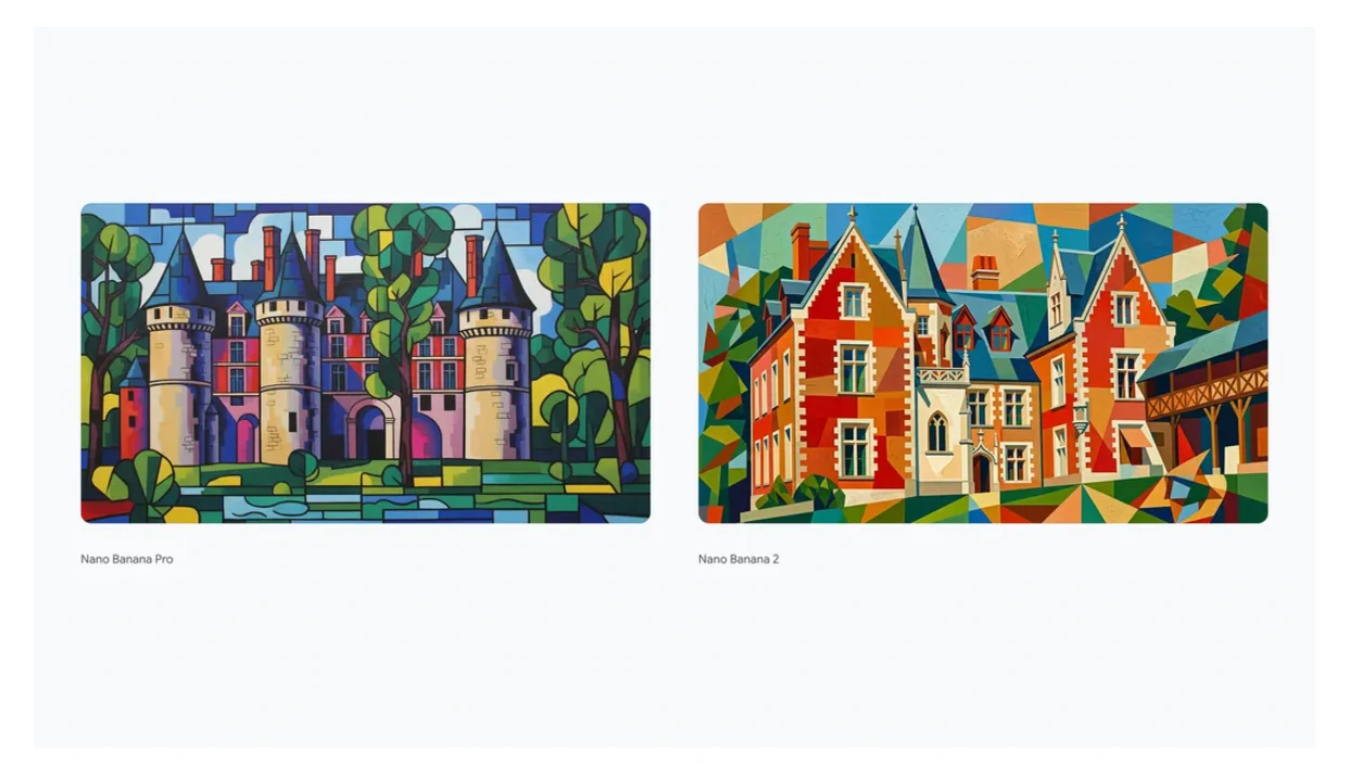 Nano Banana Pro vs. Nano Banana 2 - AI Clos Lucé Castle in Synthetic Cubism Style