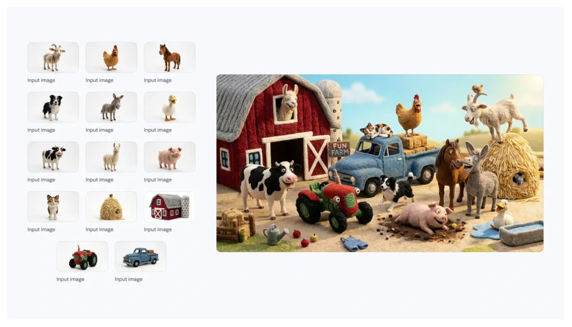 14 different characters and items at a farm