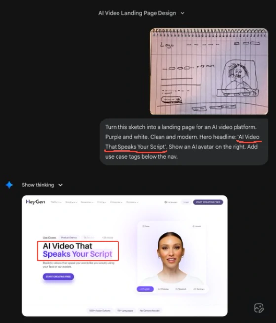 Nano Banana 2 transformed the sketch into the landing page of an AI video platform