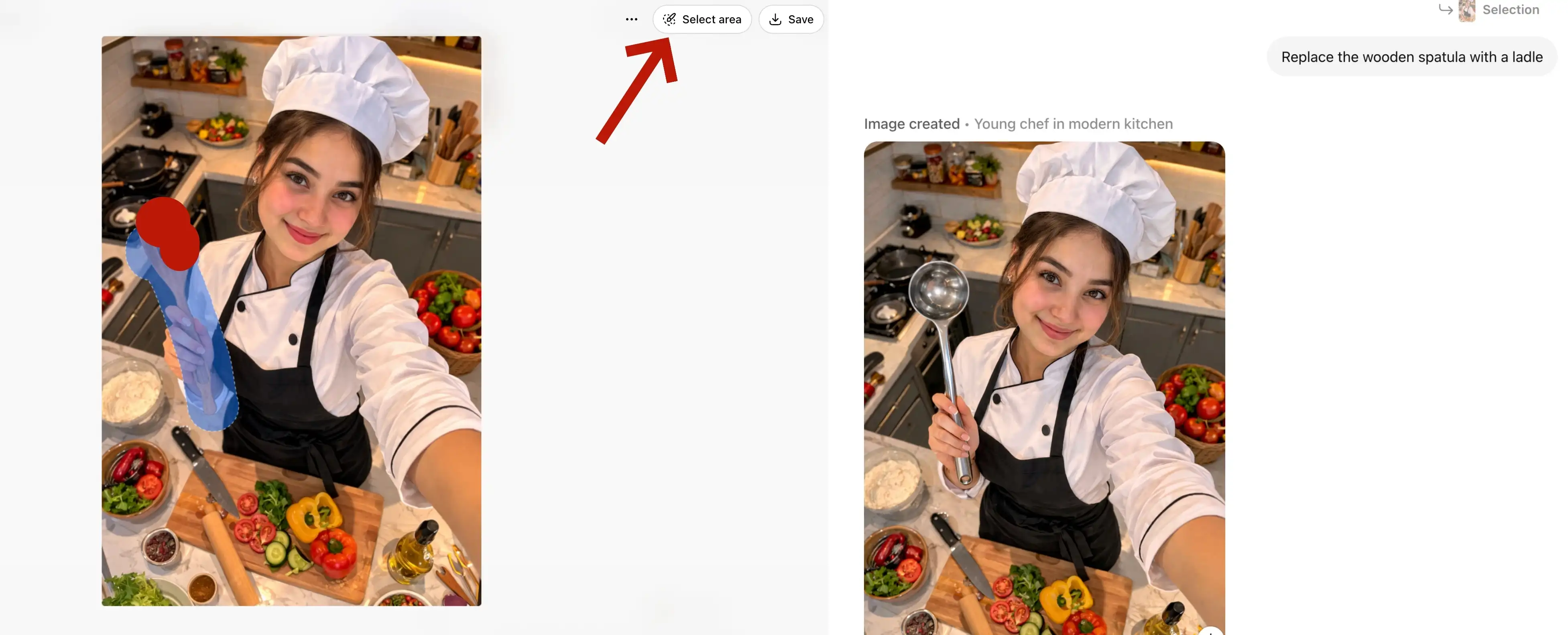 Selección de área de ChatGPT, antes y después: espátula de madera reemplazada por un cucharón de acero inoxidable mediante edición dirigida