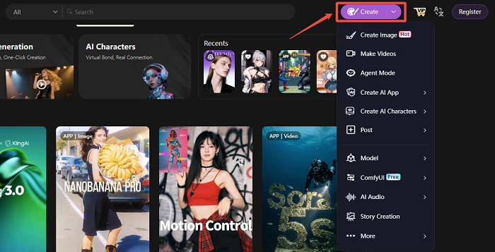 Choose the Create option to start