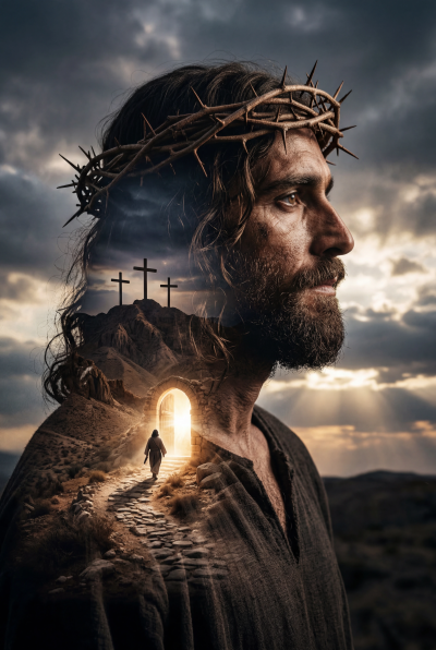 Foto de doble exposición mística de Jesús y el Calvario