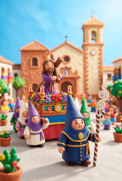 Procesión de Semana Santa en 3D estilo plastilina