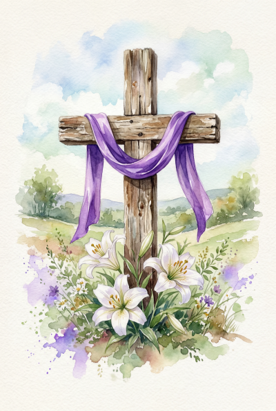 Lirios y cruz en acuarela en ilustración