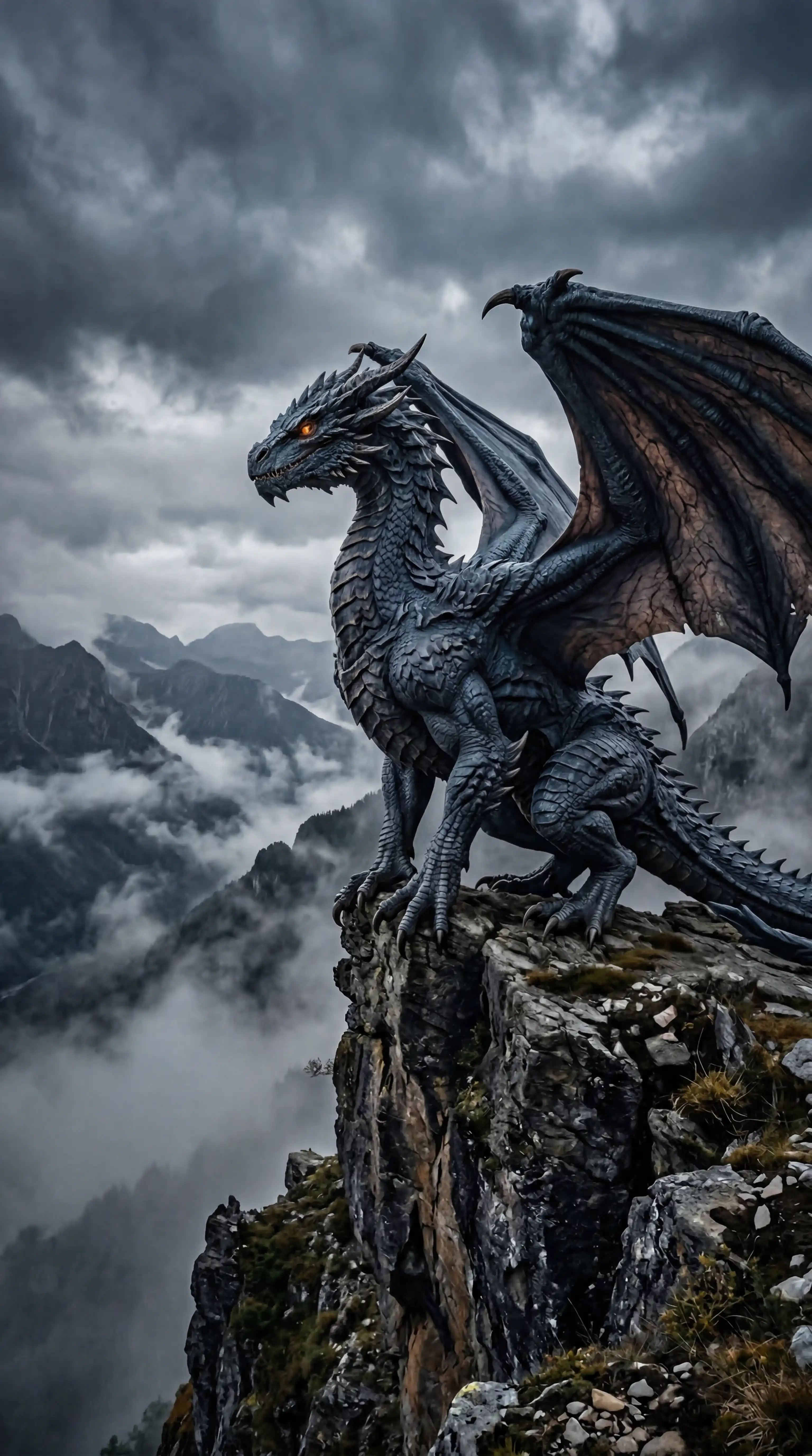 Grok Art Styles Prompt โ Steel-Blue Dragon Perched on Cliff Edge Above Misty Valley Fantasy Scene