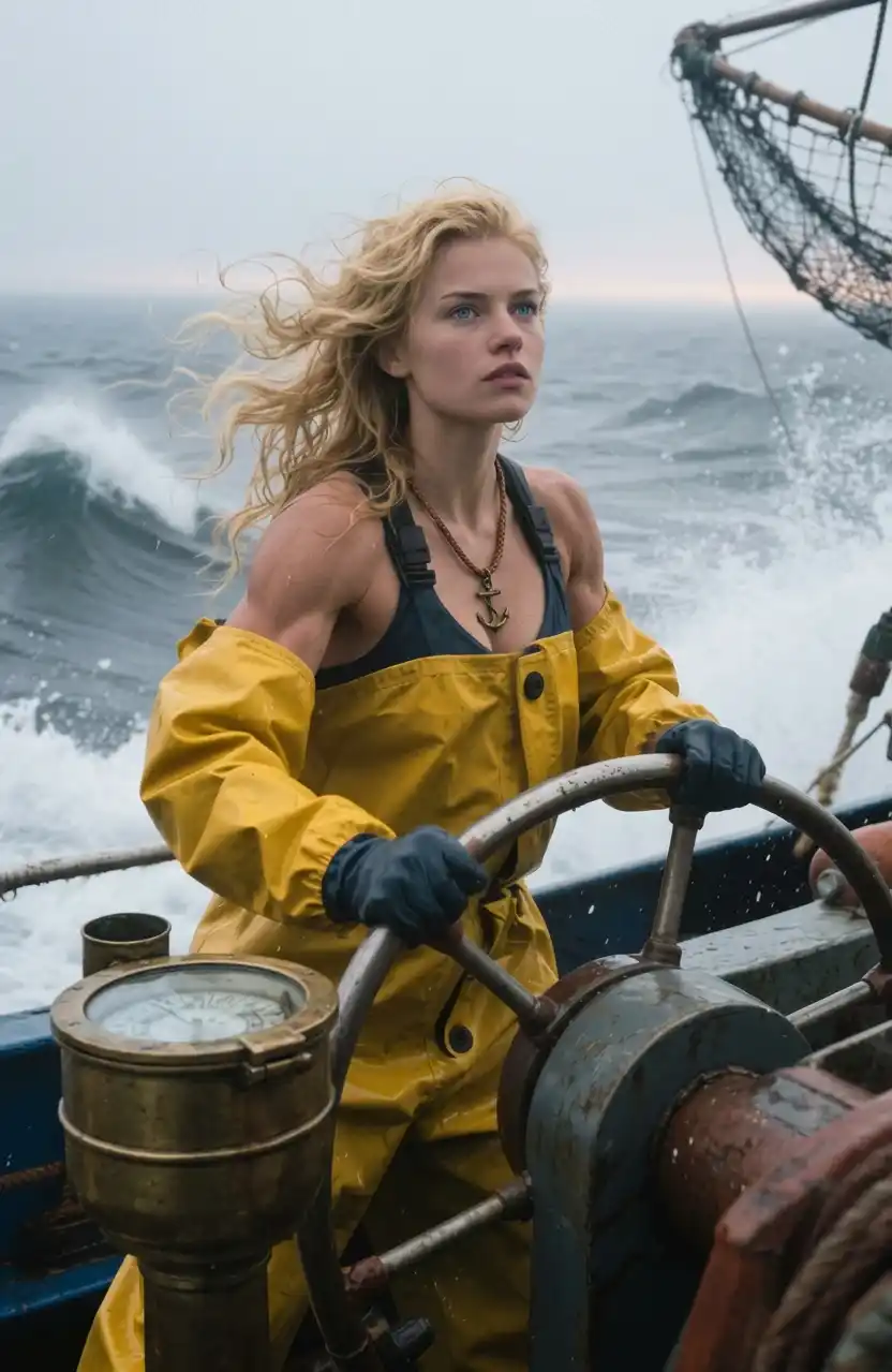 Best Grok Image Prompts โ Blonde Woman in Yellow Rain Gear Steering Ship Wheel in Storm Waves