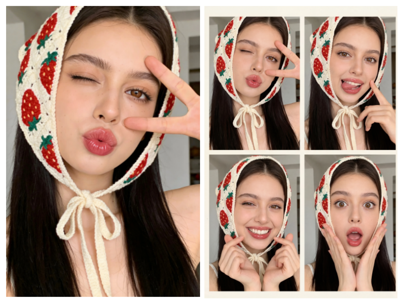 Antes y después de crear un collage de 4 expresiones faciales diferentes a partir de una foto