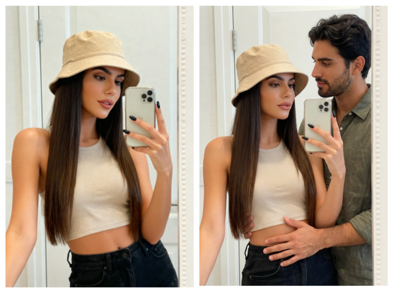 Antes y después de añadir a un novio virtual abrazando a la chica en una selfie