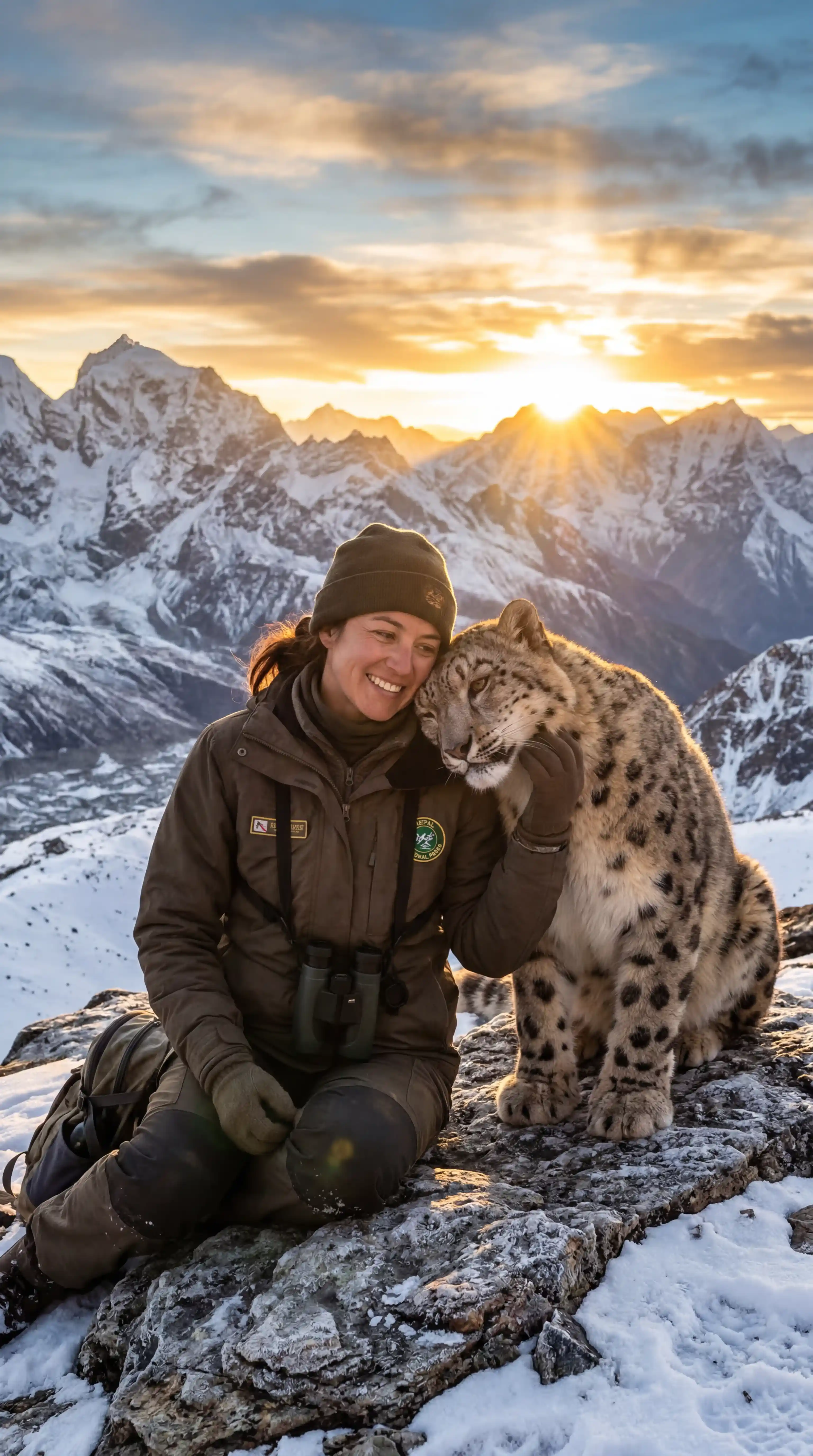 Grok Photo Prompts โ Wildlife Ranger Sitting With Snow Leopard on Rocky Summit at Sunset