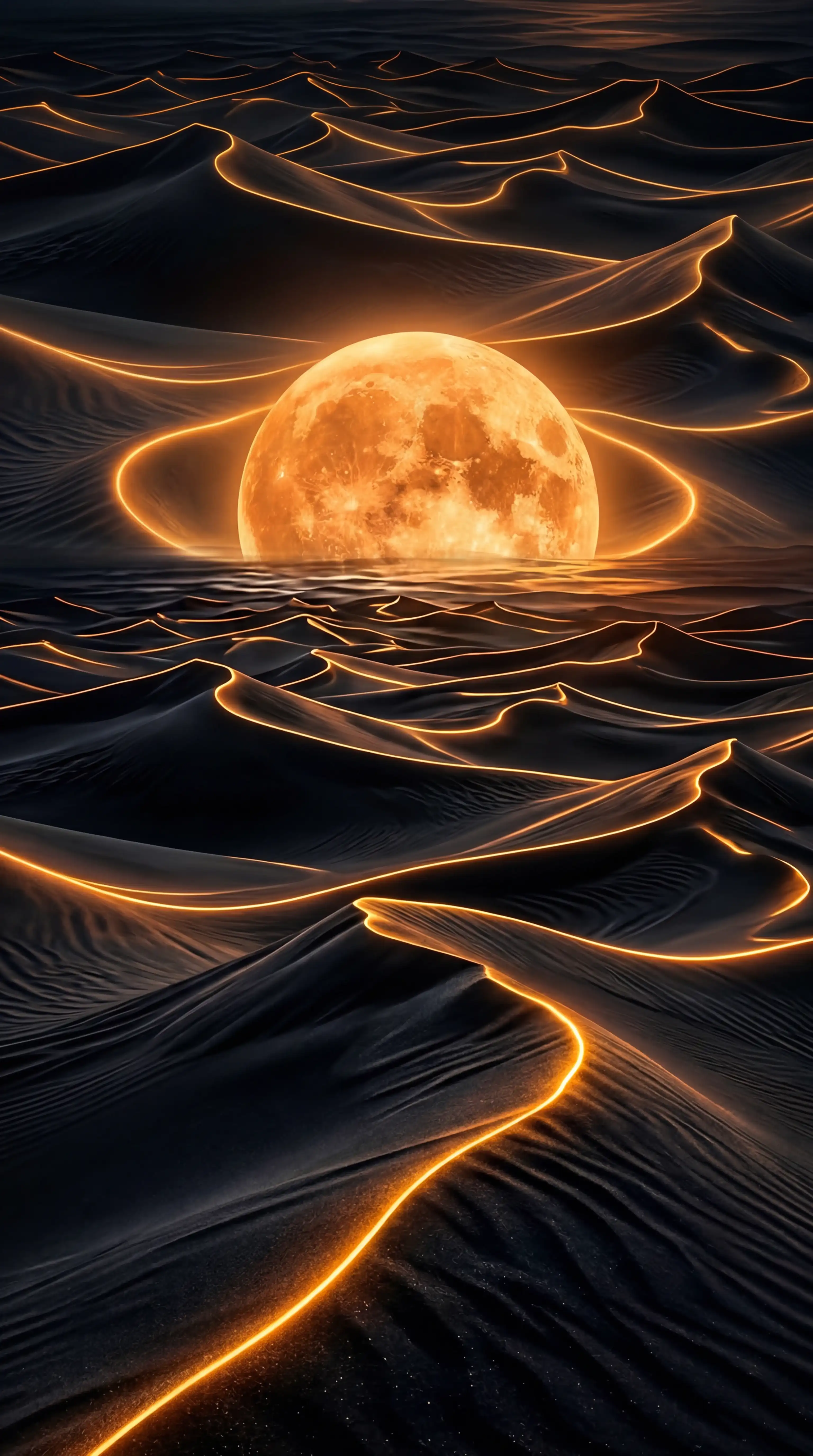 Grok Prompts for Images โ Dark Desert at Night With Glowing Sand Dune Ridges and Giant Orange Moon
