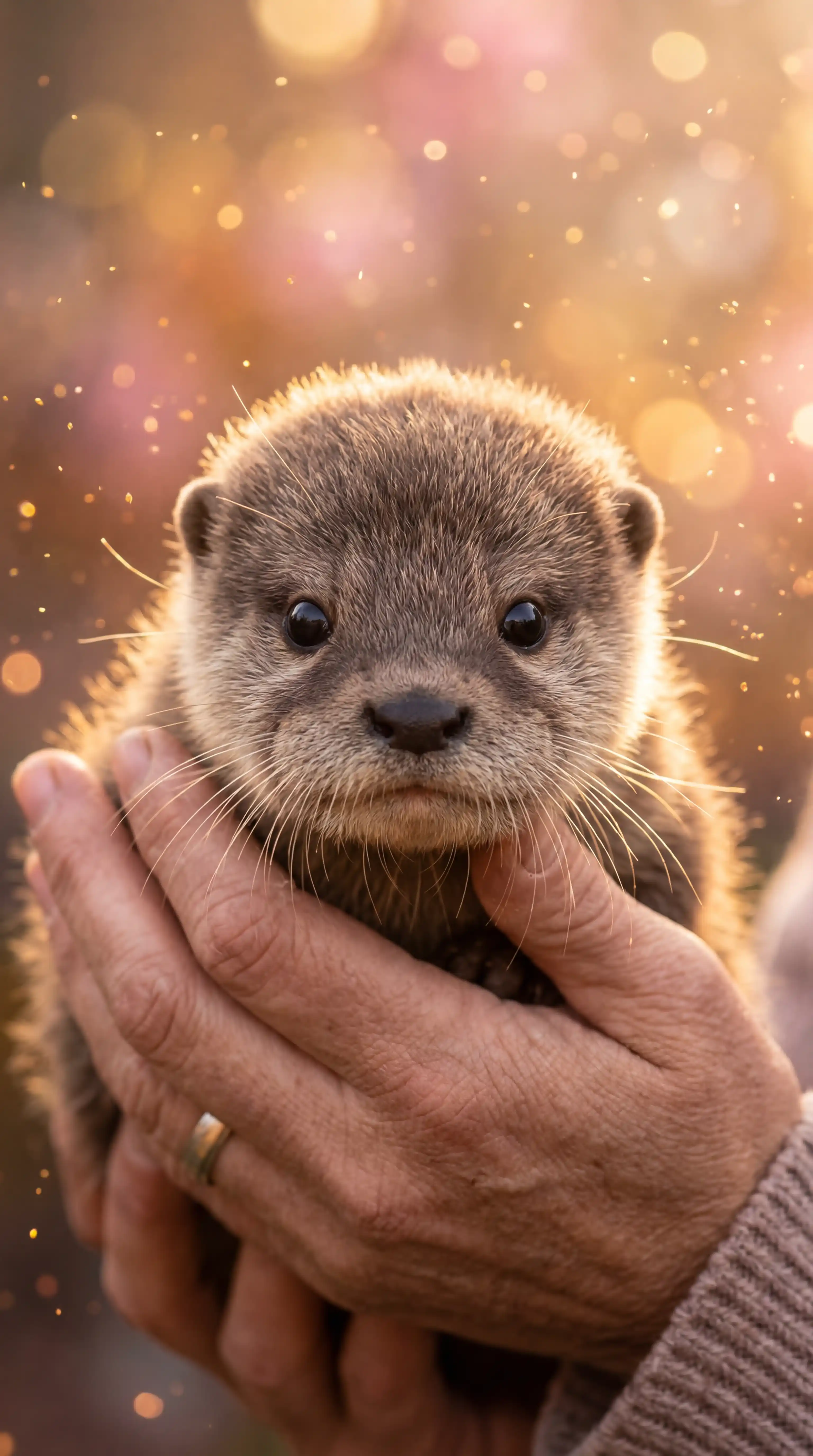 Best Grok Prompts for Animals โ Baby Otter Cradled in Human Hands With Golden Bokeh Background