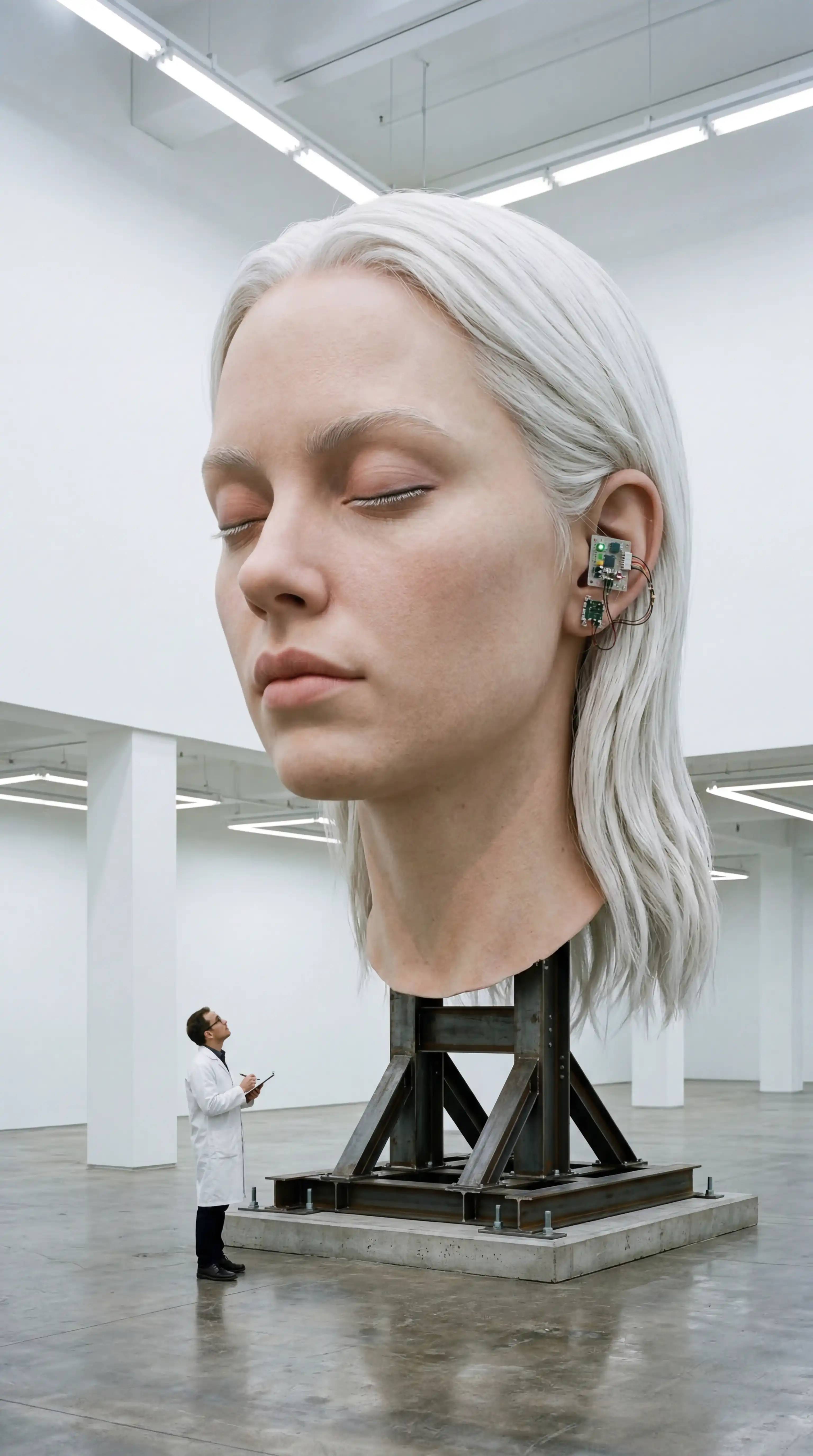 Grok Imagine Prompt Guide โ Giant Female Head Sculpture in White Exhibition Hall Surrealist Scale Art