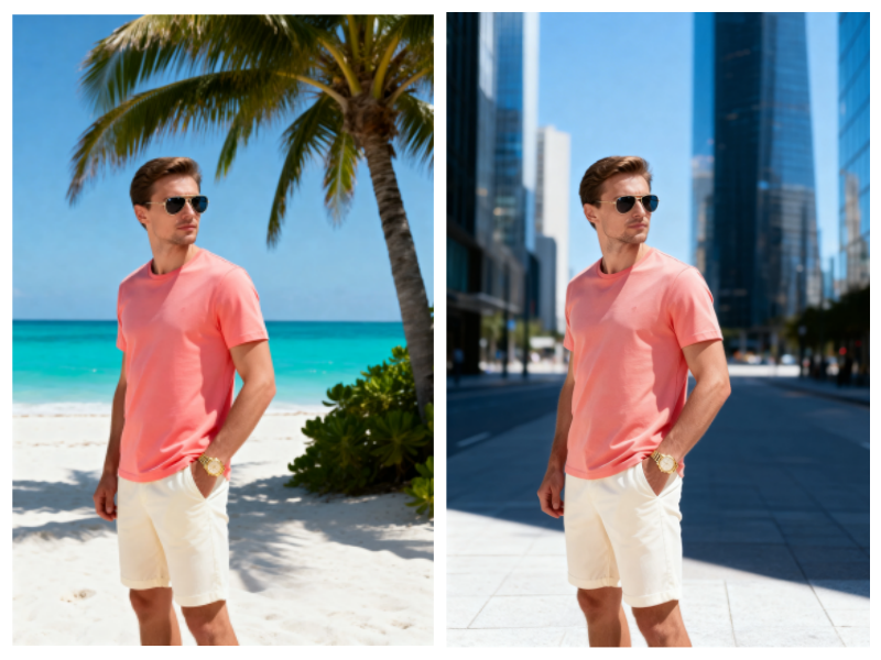 Antes y después de cambiar un fondo de playa por un campo de flores de lavanda