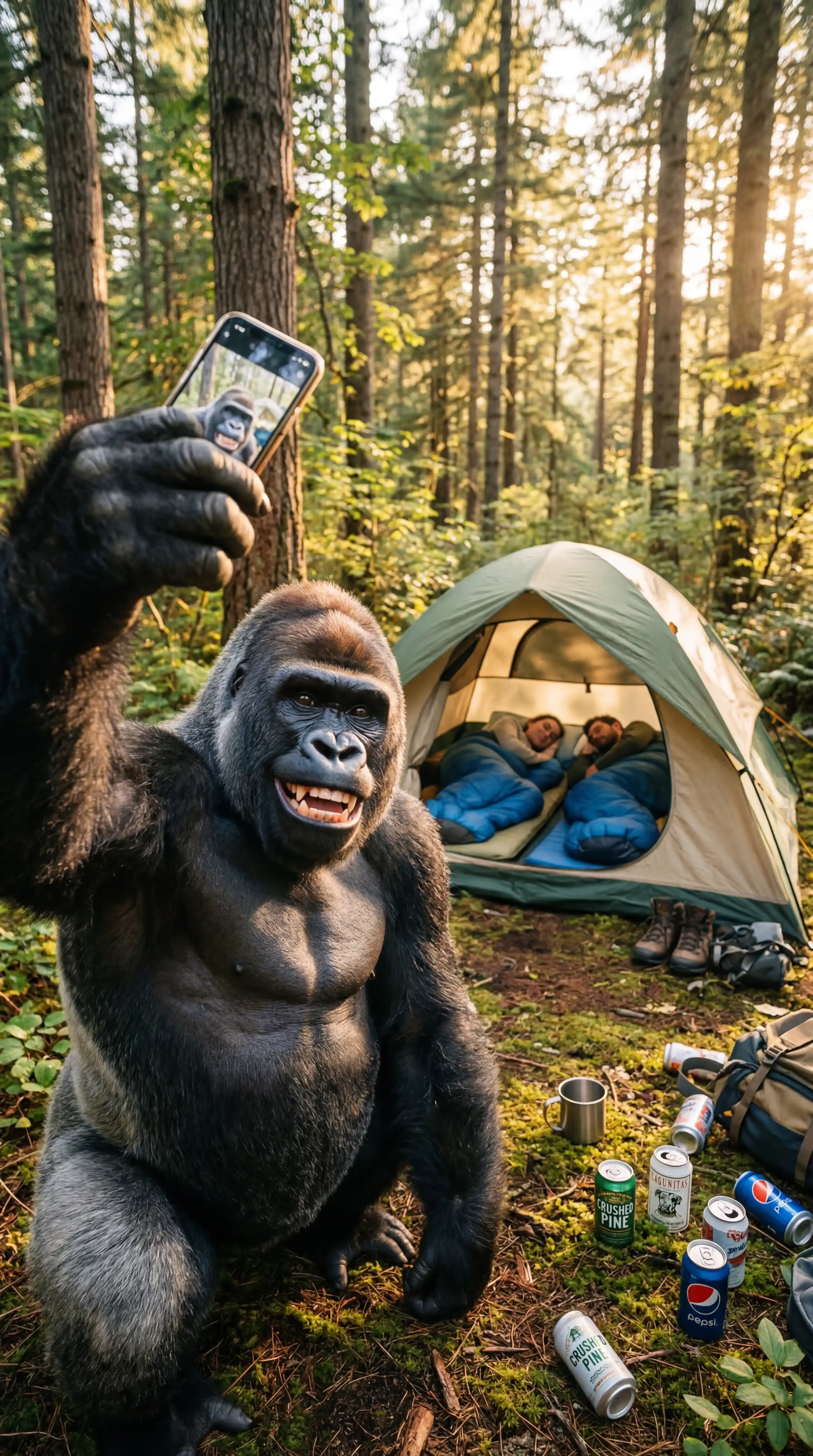 Best Prompt for Grok Imagine โ Gorilla Taking Selfie at Forest Campsite With Sleeping Campers