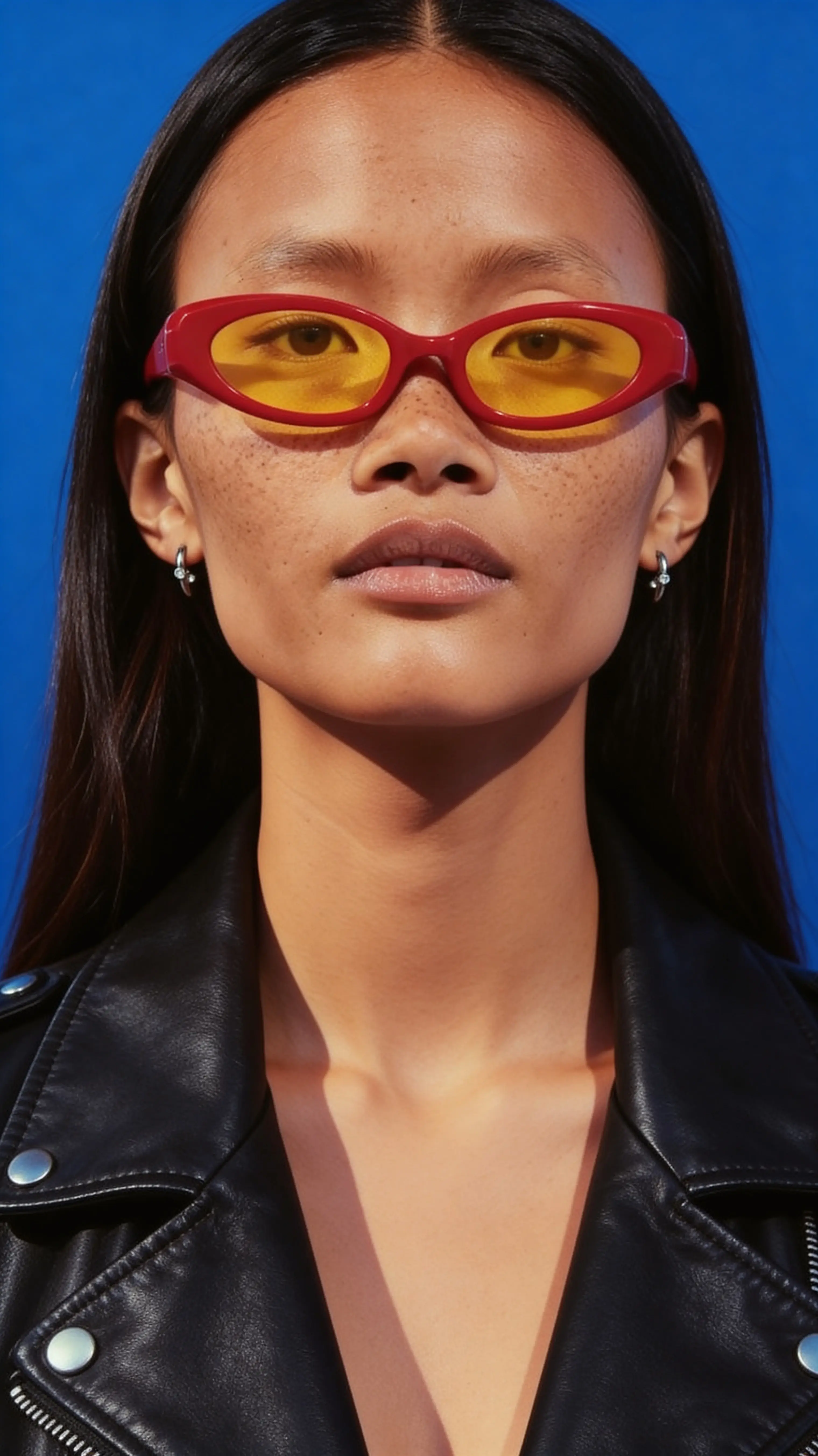 Grok Photo Prompt Example โ Editorial Close-Up of Woman in Red Cat-Eye Sunglasses Against Blue Background