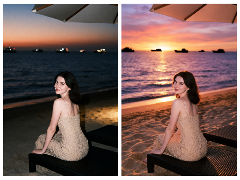 Antes y después de ajustar la iluminación de nocturna a atardecer dorado en una foto de playa