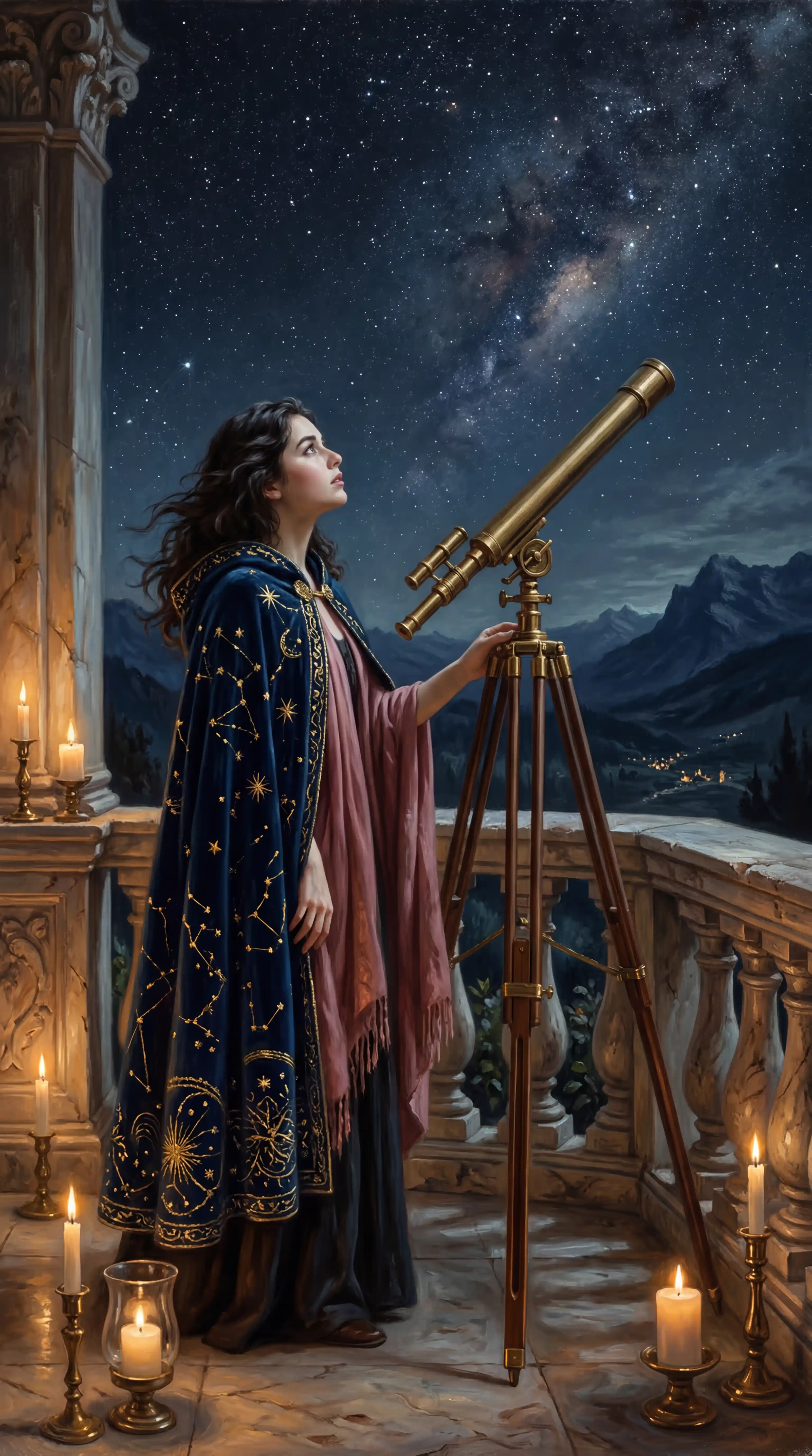 Grok AI Image Prompt Example โ Woman in Constellation Cloak Beside Antique Telescope at Night