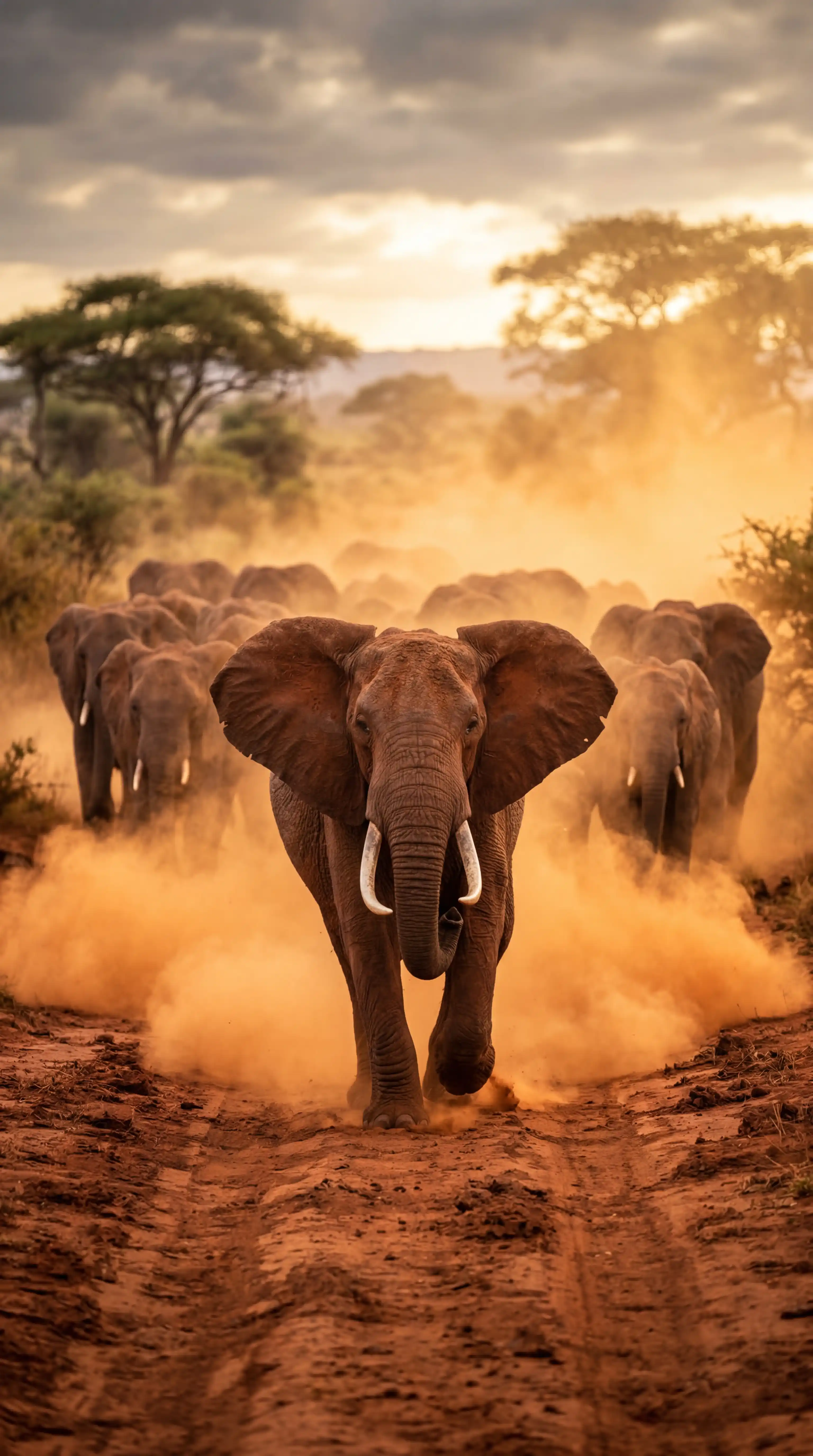 Best Grok Image Prompts for Wildlife โ African Elephant Herd Charging on Dusty Red Path Golden Hour