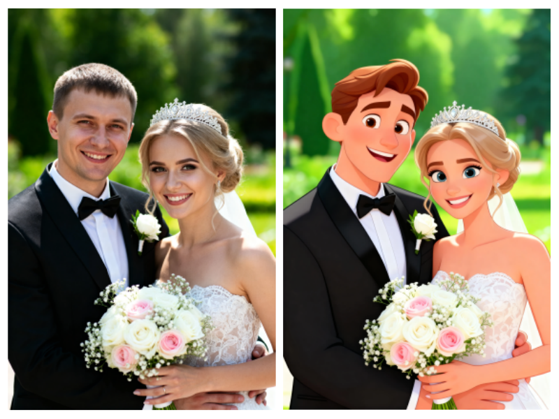 Antes y después de transformar una foto de boda real en estilo de animación Disney